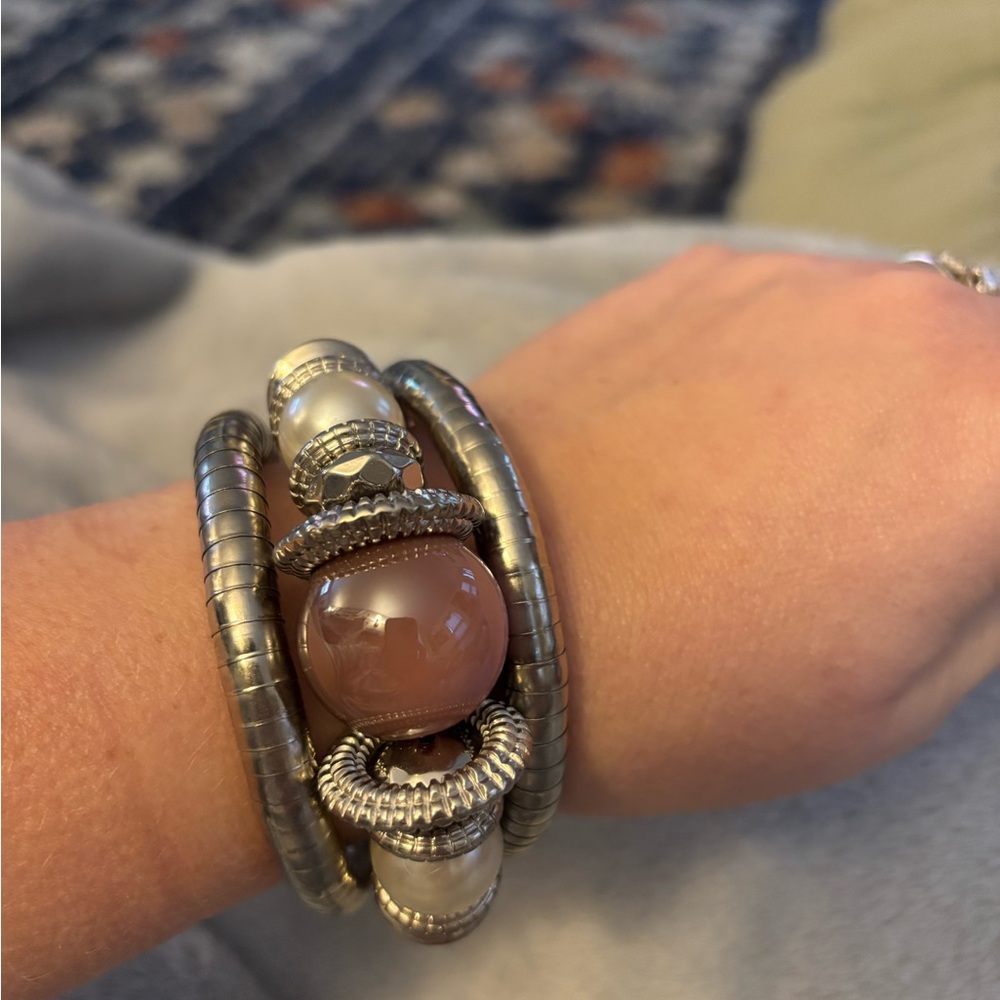 Silver and Pink Stone Bracelet with Ornate Design